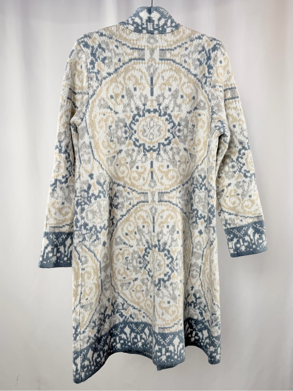 Soft Surroundings Wool Blend Barra Long Cardigan Jacket in Fair Isle Blue Cream - Picture 5 of 8